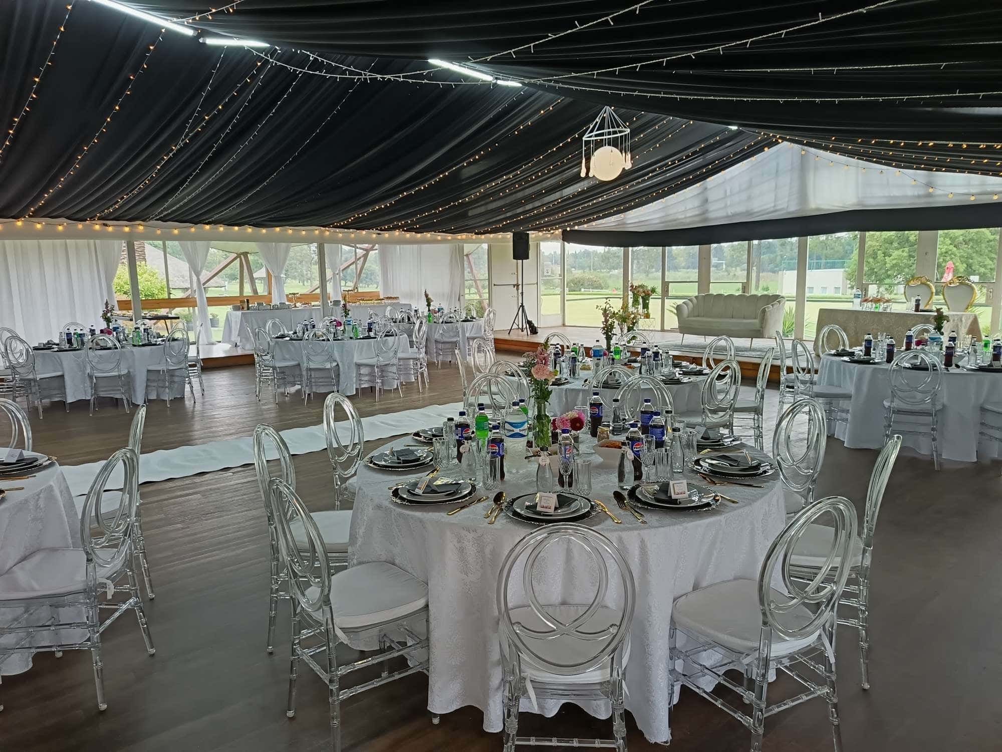 A function venue set for an event at The Lake Club Benoni